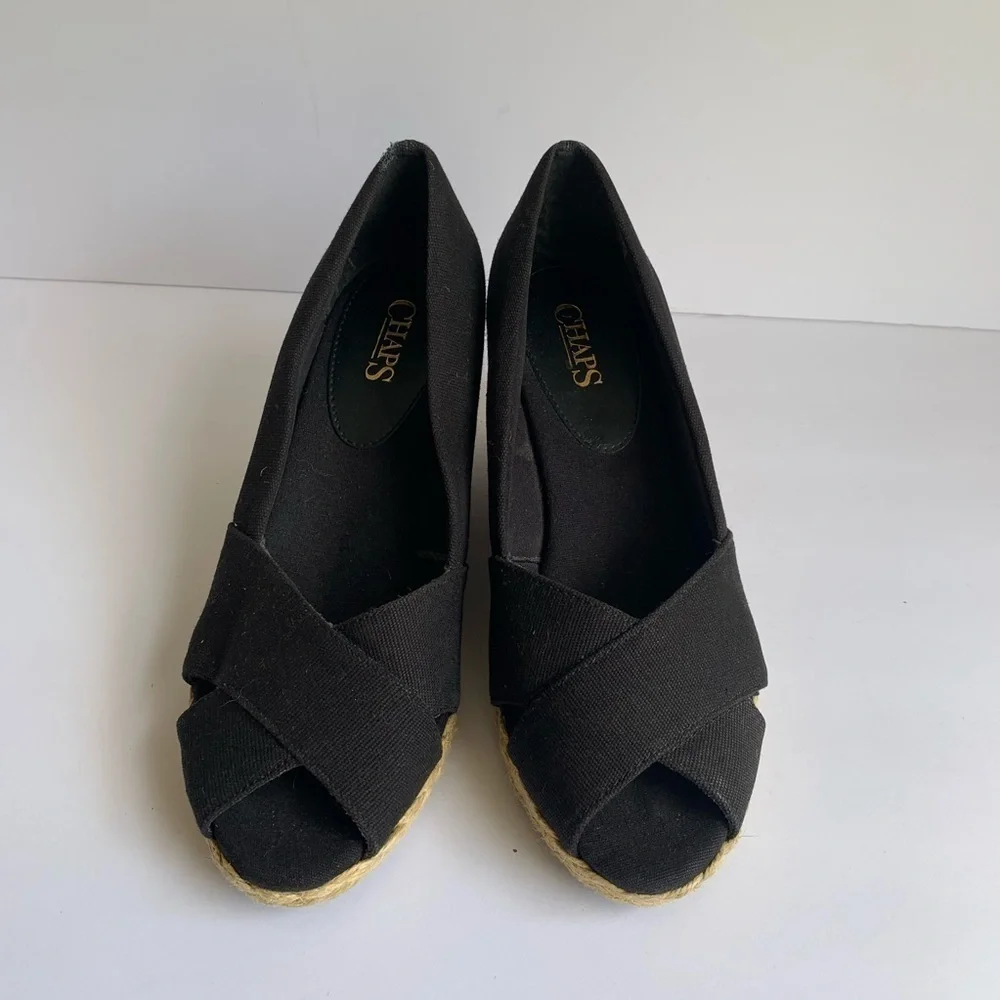 Chaps black espadrille shoes wedge heels size 8